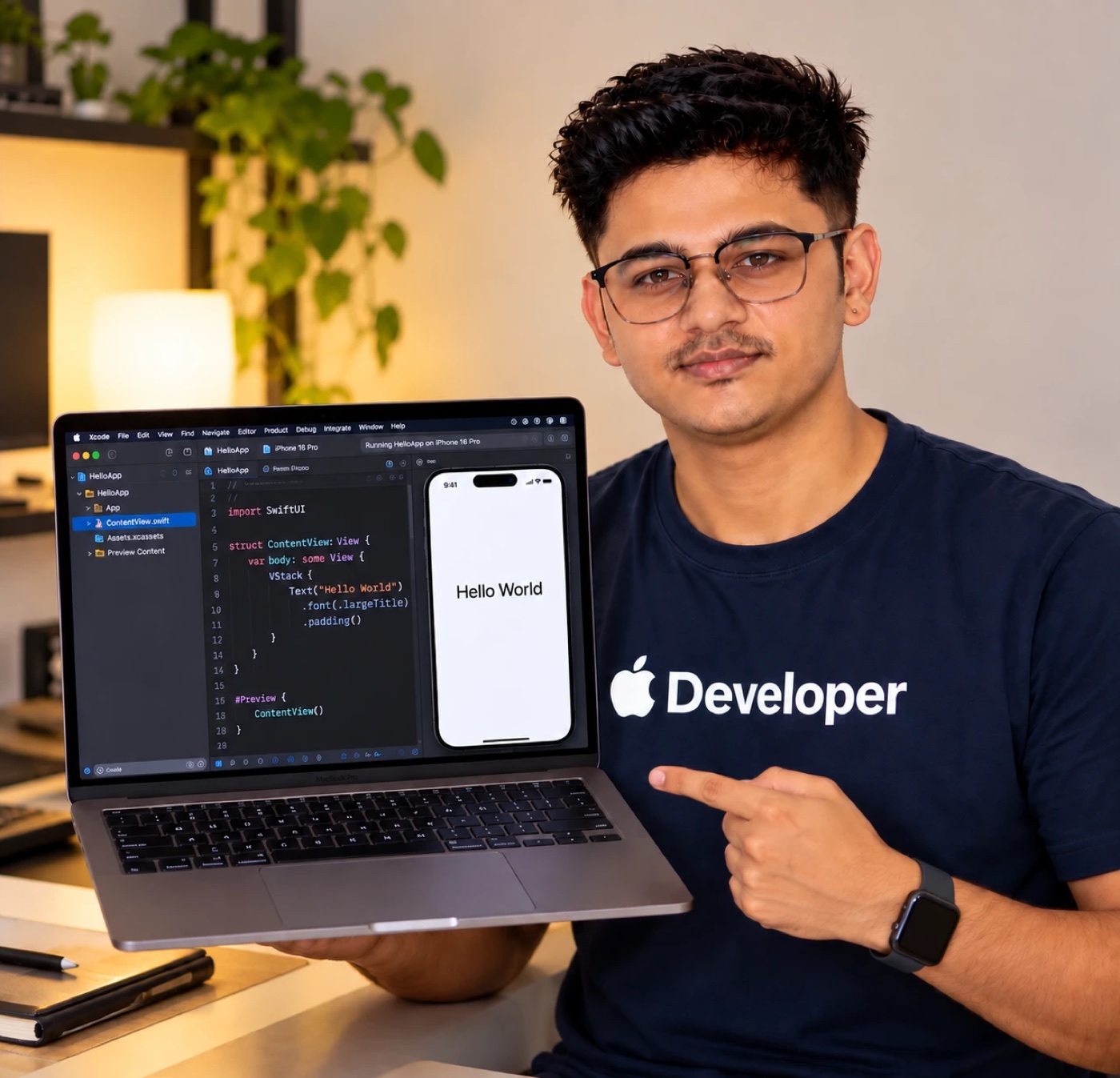 Sourav Dikshit, senior iOS developer, holding a MacBook running Xcode with a SwiftUI app